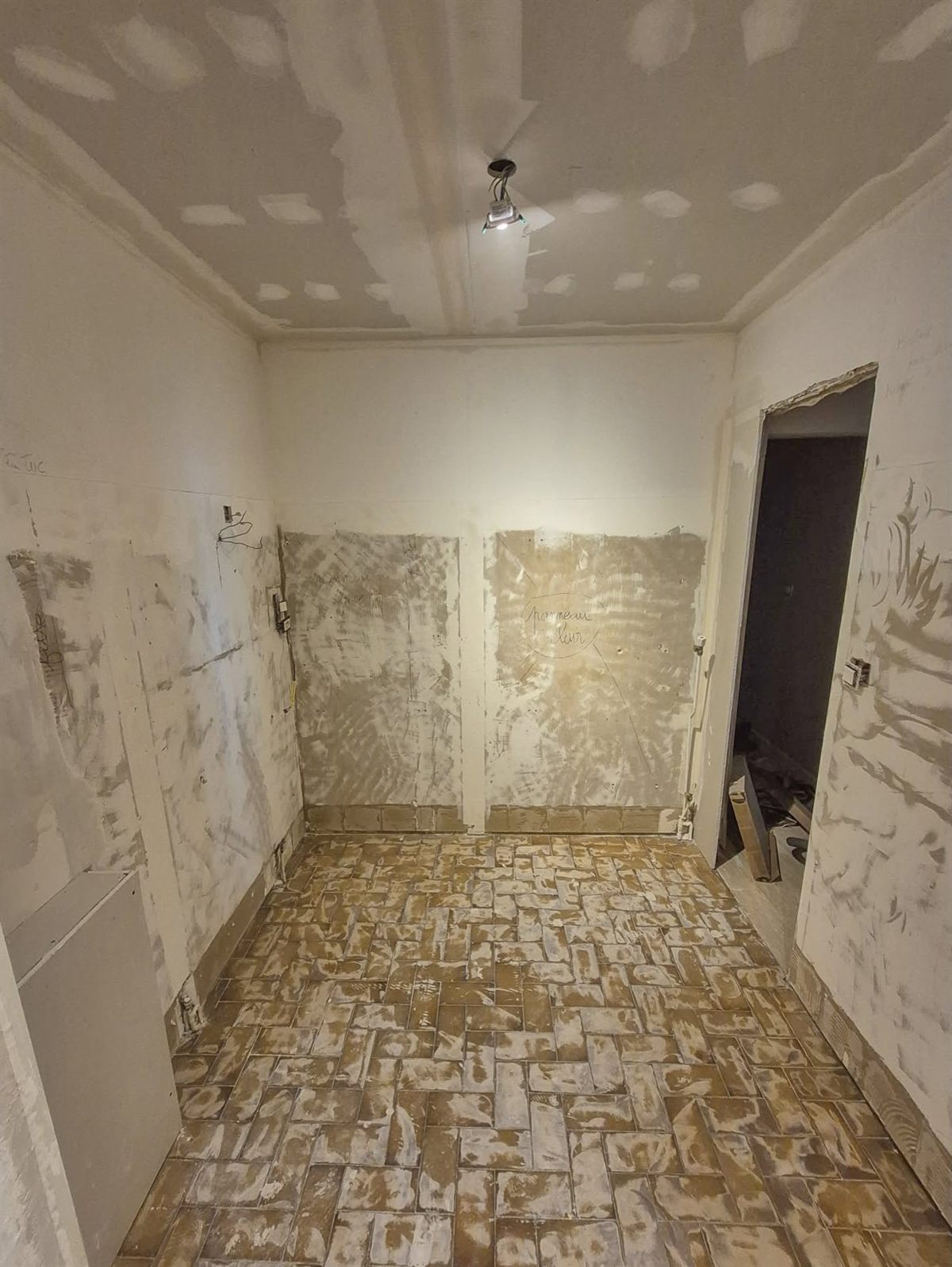 Salle de bain avant travaux : cloisons en plaque de plâtre enduites, ancien carrelage au sol et câblage apparent